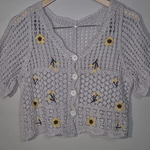 Vintage Inspired Hippy Crochet Cardigan Embroidered Sunflower Motifs Y2k